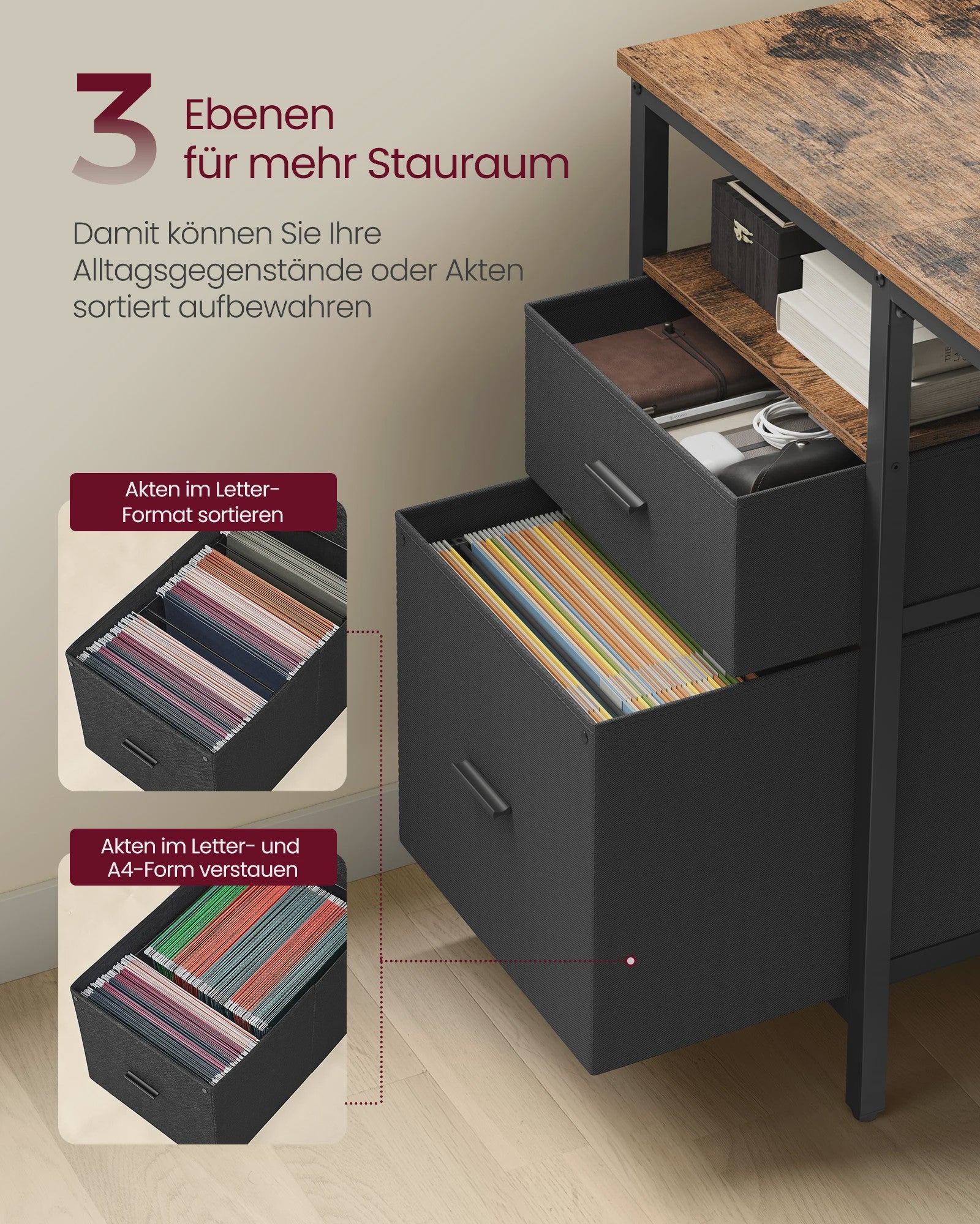 VASAGLE Bureau met 3 Planken en 2 Lades - 140x60x76 cm - Industrieel Design