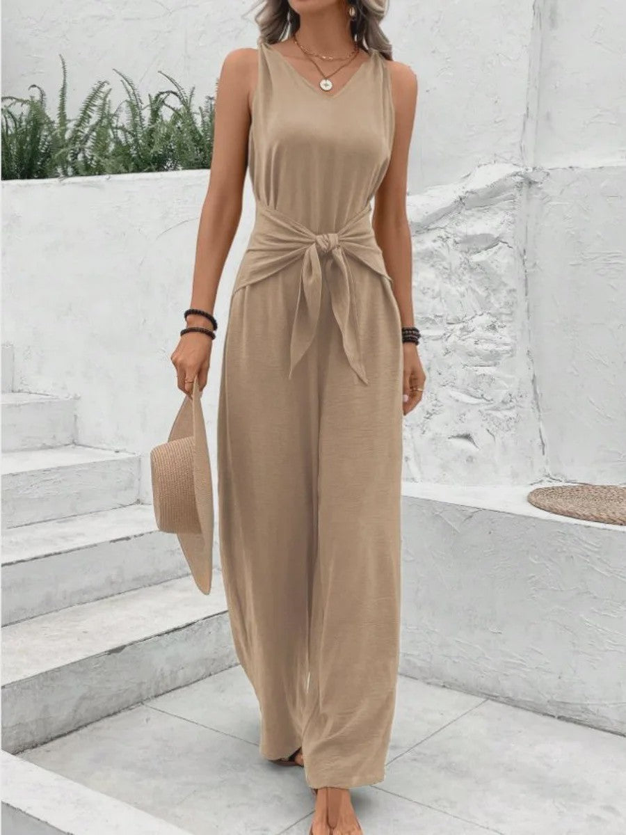 Modieuze Dames Jumpsuit met Wijde Pijpen, V-hals en Strikceintuur - Zomer & Vakantie