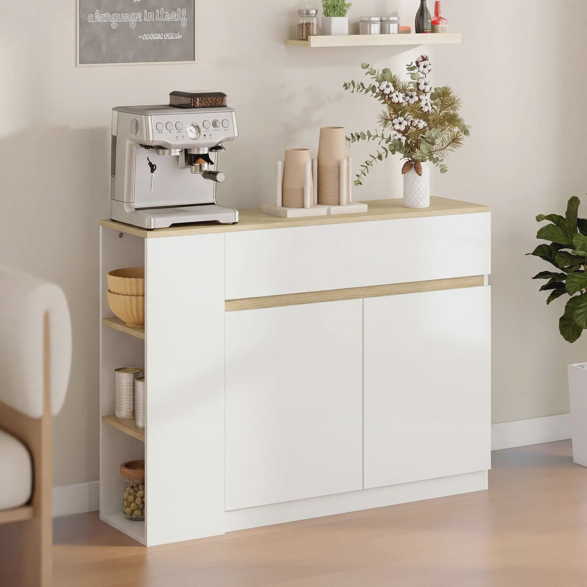 Stijlvol Wit Sideboard met 2 Deuren, 1 Lade en 3 Open Planken - 110 cm Breed