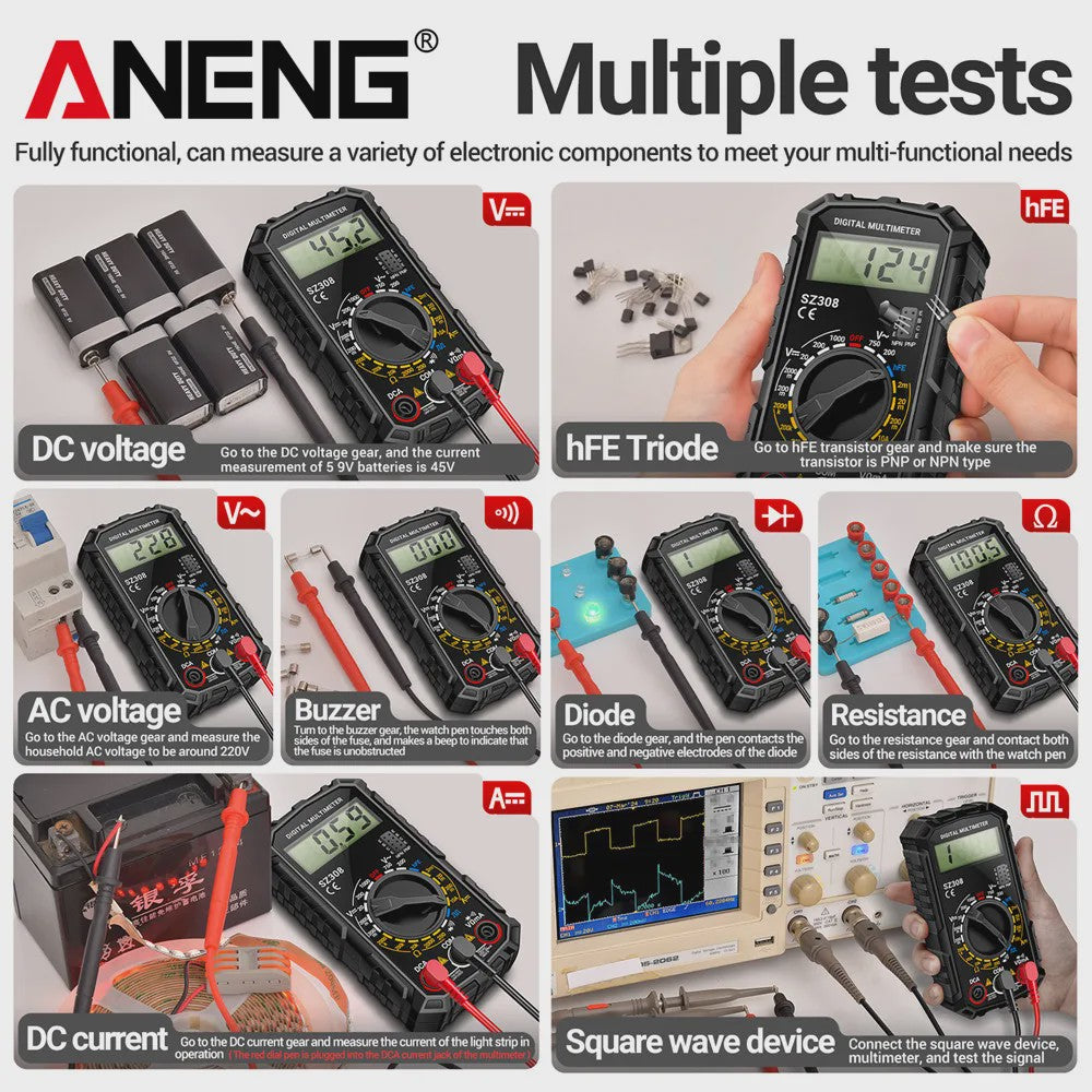 ANENG SZ308 Digitale Multimeter: AC/DC Metingen, Weerstand, LCD Scherm & Vierkante Golf Test