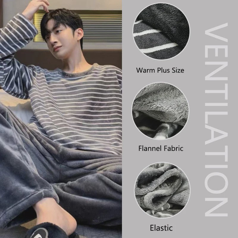 Heren Winter Pyjama Set - Gestreept Flanel, Lange Mouwen Loungewear