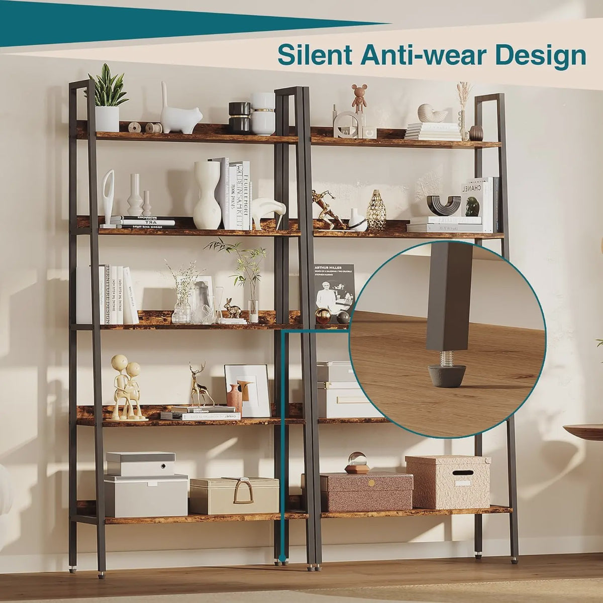 5-Laags Ladder Boekenkast - Smal Houten Wandrek met Metalen Frame
