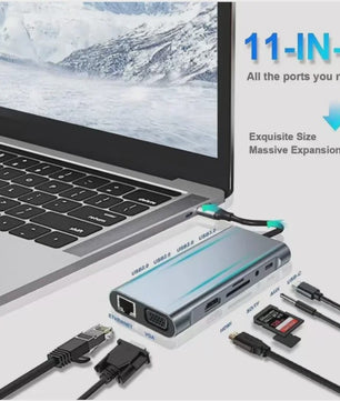 11-in-1 USB-C Hub: Netwerk, HDMI, VGA, USB 3.0 & Kaartlezers voor MacBook