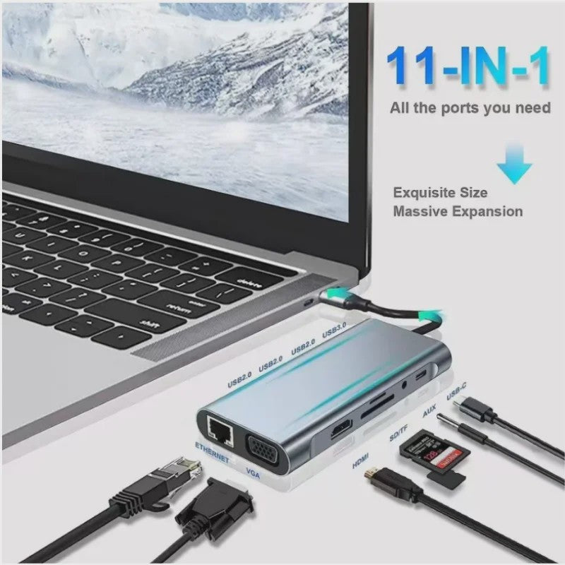 11-in-1 USB-C Hub: Netwerk, HDMI, VGA, USB 3.0 & Kaartlezers voor MacBook