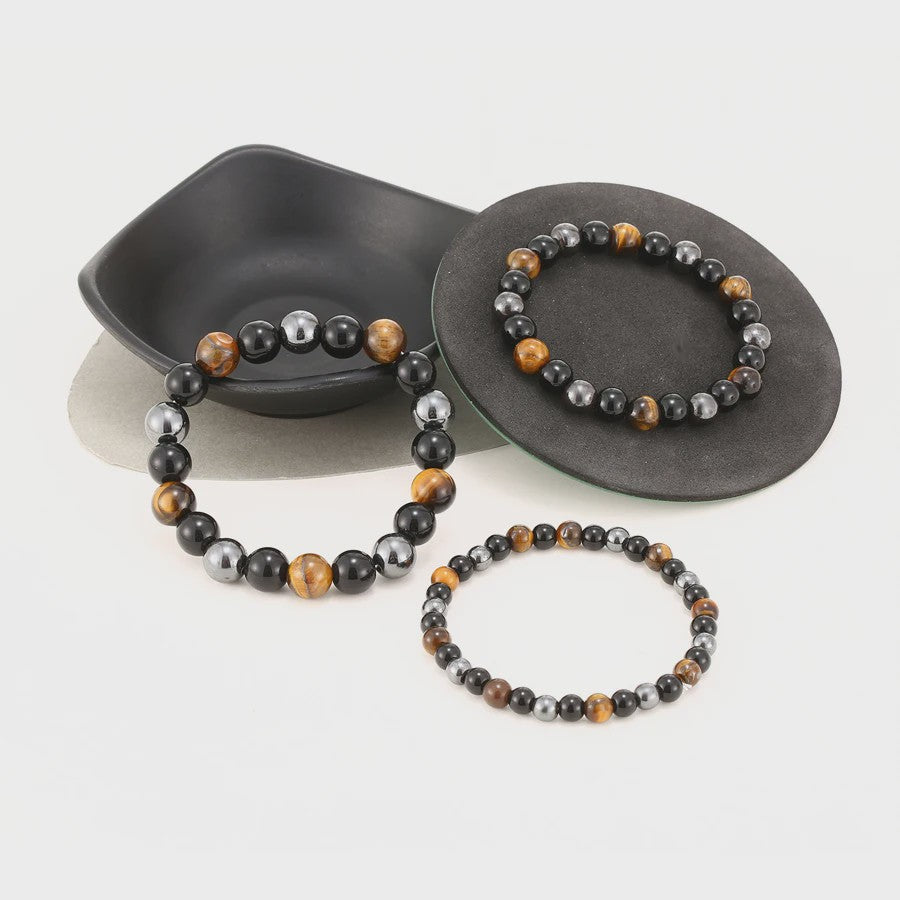 Natuurlijke Obsidian, Hematiet & Tijgeroog Kralen Armband - Mannen & Vrouwen