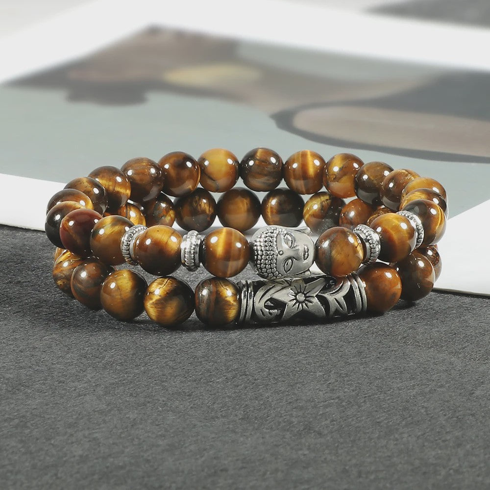 Set van 2 Houten Kralen Armbanden met Buddha & Natuursteen - Meditatie & Spirituele Sieraden