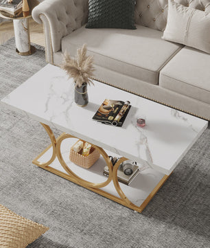 Moderne Rechthoekige Salontafel met 2 etages en Marmerlook & Gouden Frame