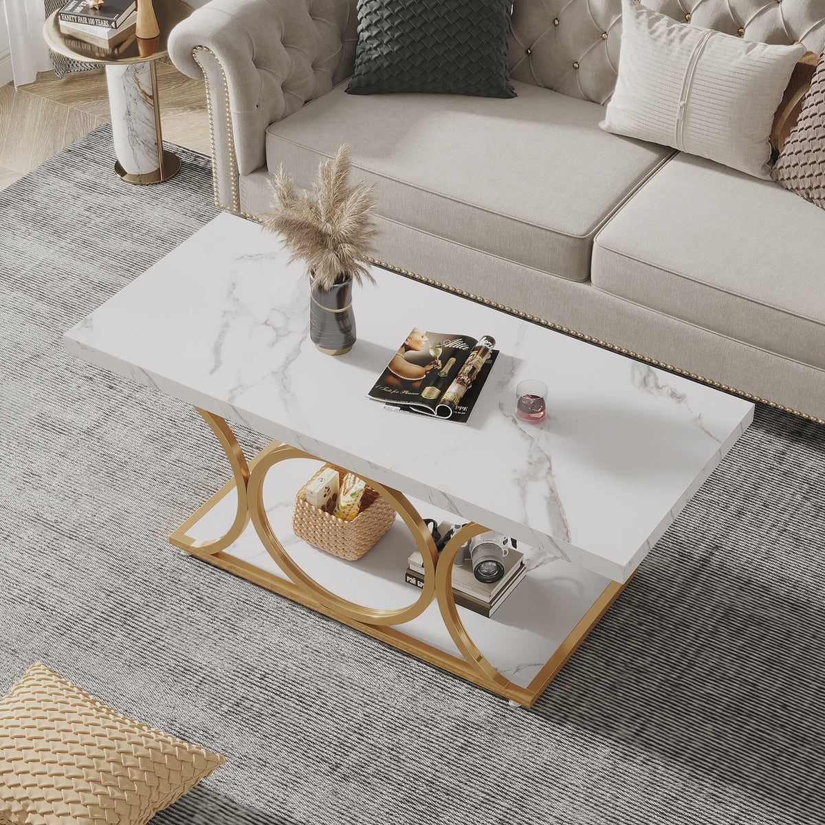 Moderne Rechthoekige Salontafel met 2 etages en Marmerlook & Gouden Frame