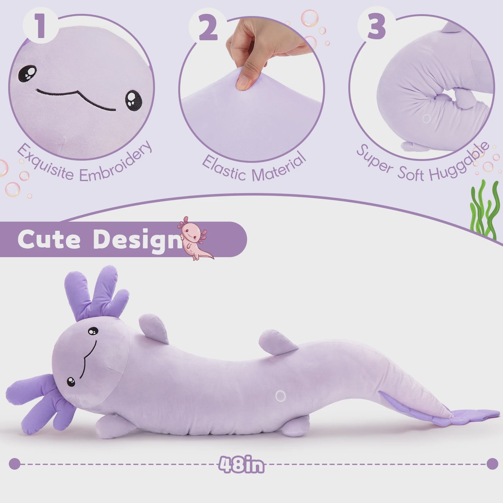 Glow-in-the-dark Axolotl Knuffelkussen 122cm - Magisch Pluche Kussen met Lichtgevende Oren, Cadeau voor Kinderen & Tieners