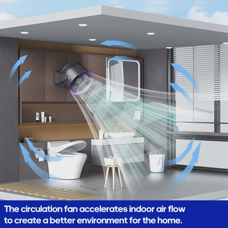 KINSCOTER Multifunctionele Draadloze Ventilator: Draagbaar, Stil & Flexibel voor Bureau, Muur of Plafond