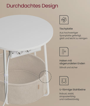 Ronde bijzettafel met stoffen mand en ingebouwde stopcontacten en USB-poorten