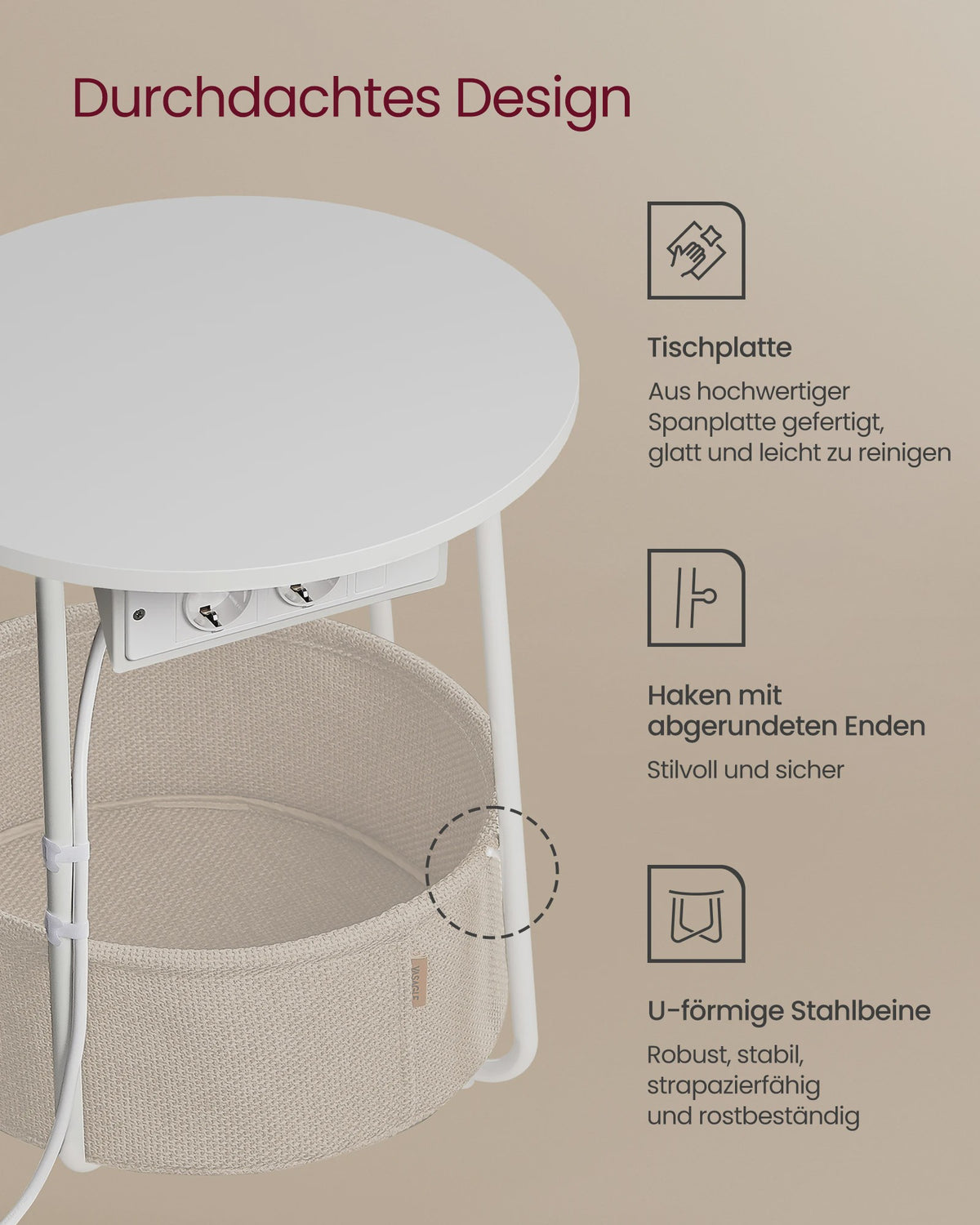 Ronde bijzettafel met stoffen mand en ingebouwde stopcontacten en USB-poorten