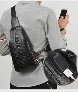 Luxe Leren Heren Borsttas met Kroko Print en USB Oplaadpoort