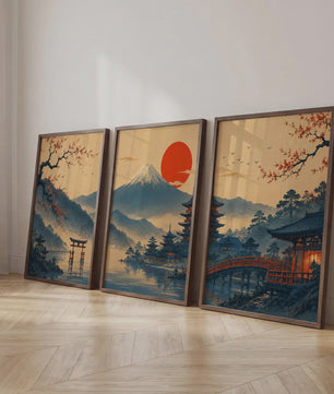 Set van 3 Japanse Muurkunst Prints: Fuji, Torii Poort & Pagode