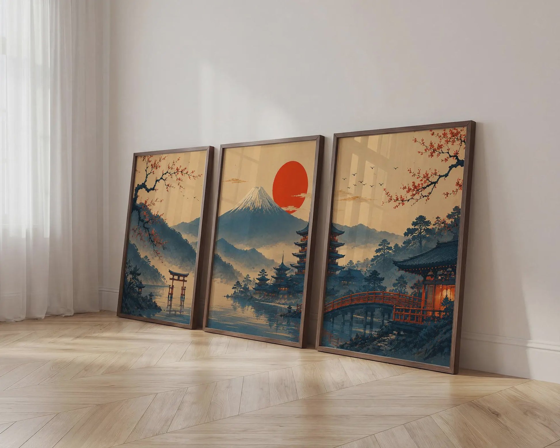 Set van 3 Japanse Muurkunst Prints: Fuji, Torii Poort & Pagode