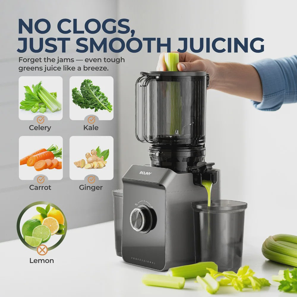 ROUNY Slow Juicer met Extra Brede Vulopening (130mm) en Eenvoudige Reiniging