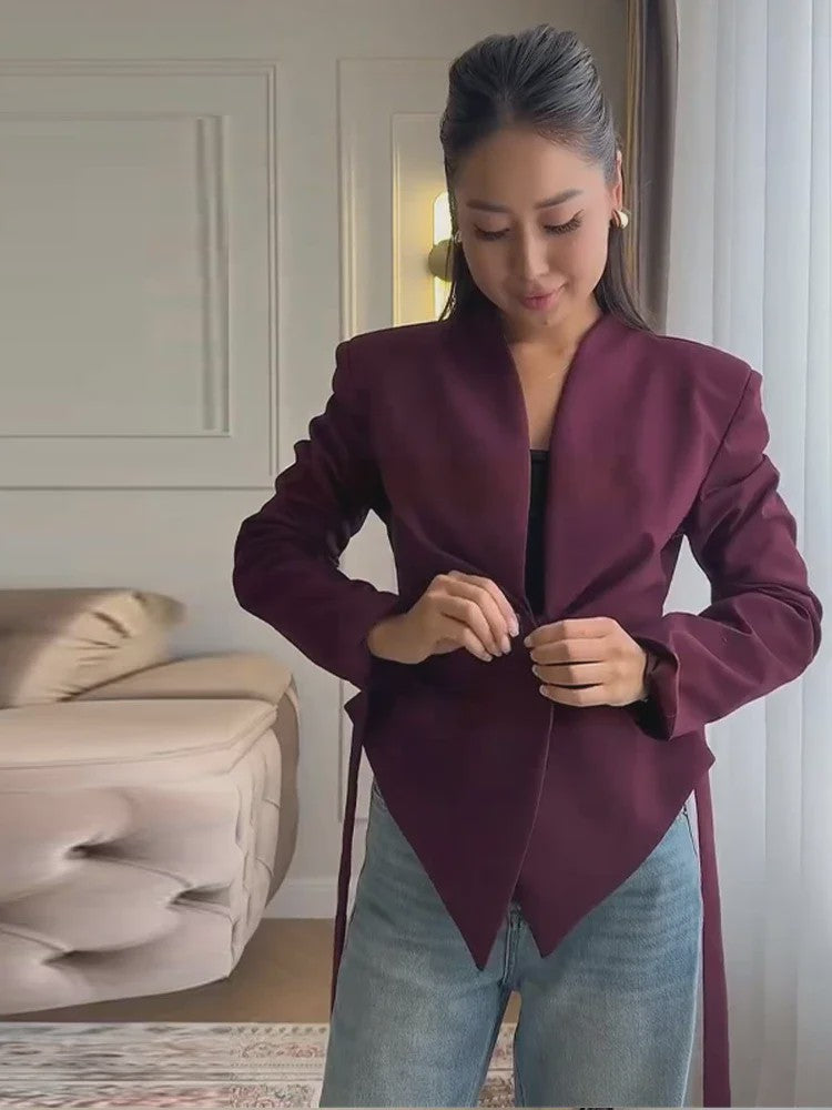 Dames Asymmetrische Blazer met V-hals en Lange Mouwen - Casual Lente Jasje