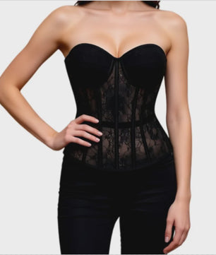 Zwarte kanten korset bustier met push-up cups en push-up effect - Lingerie en body shaper