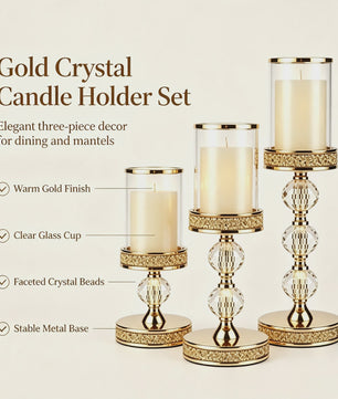 Luxe Gouden Kandelaars Set (3 stuks) met Kristal en Glas - Sfeervolle Decoratie