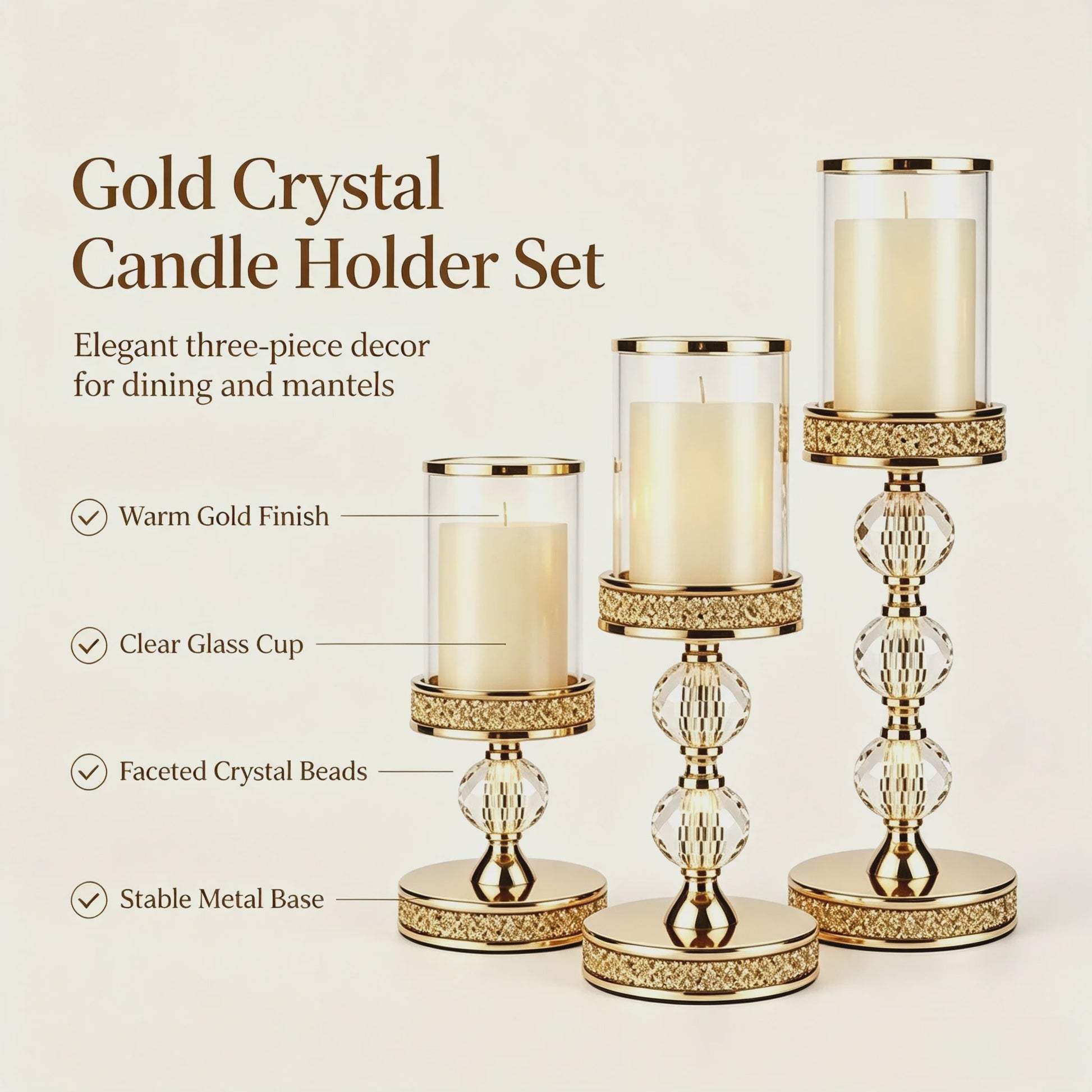 Luxe Gouden Kandelaars Set (3 stuks) met Kristal en Glas - Sfeervolle Decoratie