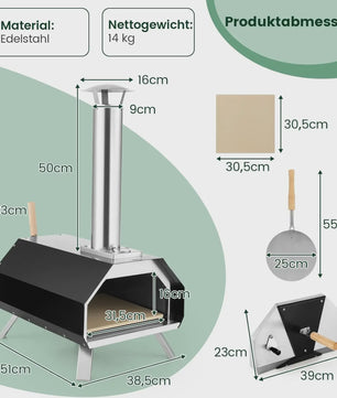 Draagbare Buiten Pizzaoven van RVS met Pizza Steen, Schep en Thermometer