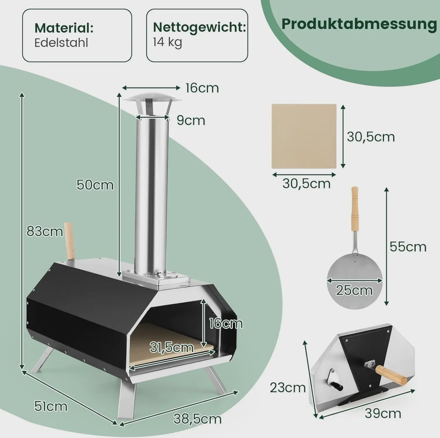 Draagbare Buiten Pizzaoven van RVS met Pizza Steen, Schep en Thermometer