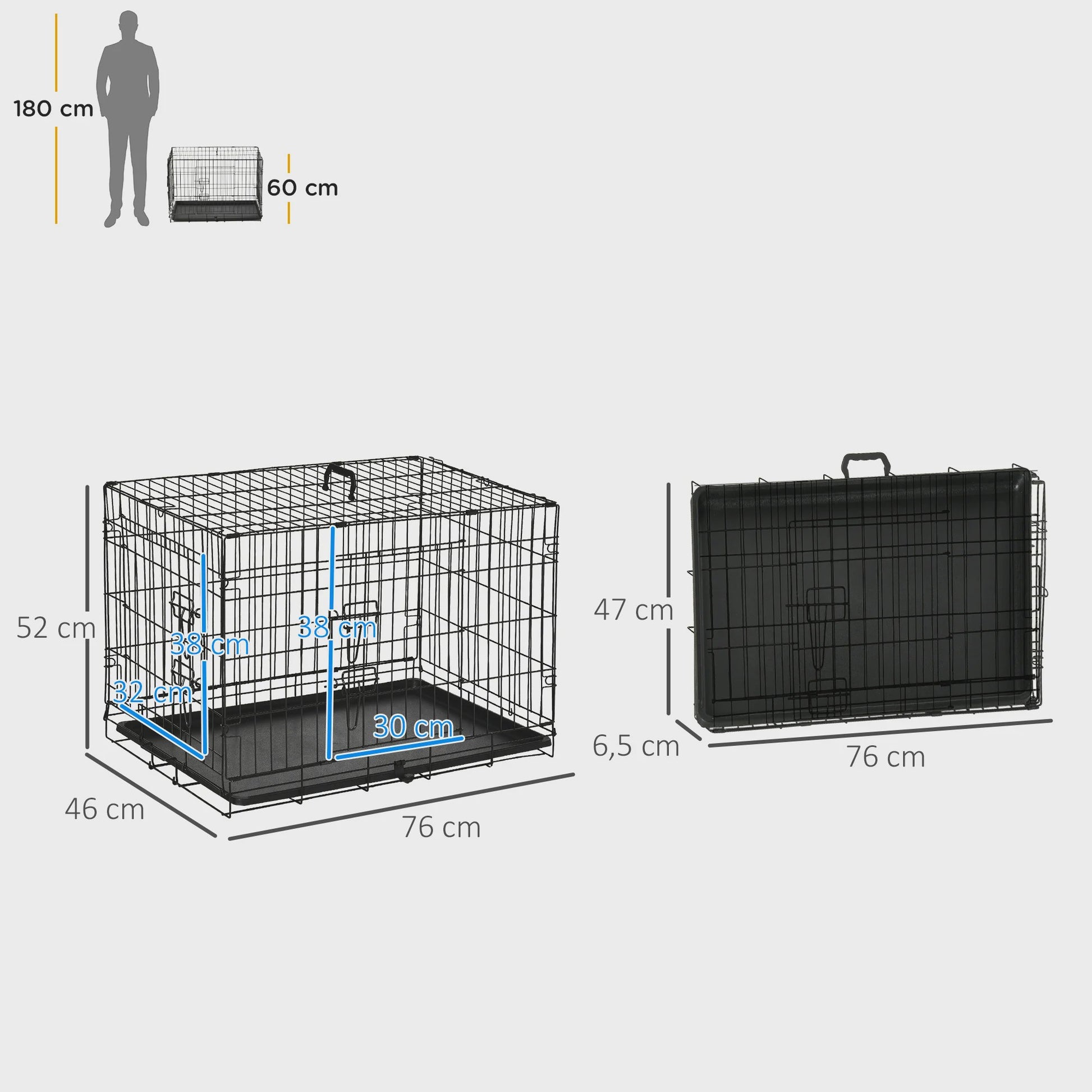 PawHut Hondenkooi Transportbox 2 Deuren Opvouwbaar Met Handvat Staal 76x46x52cm Zwart