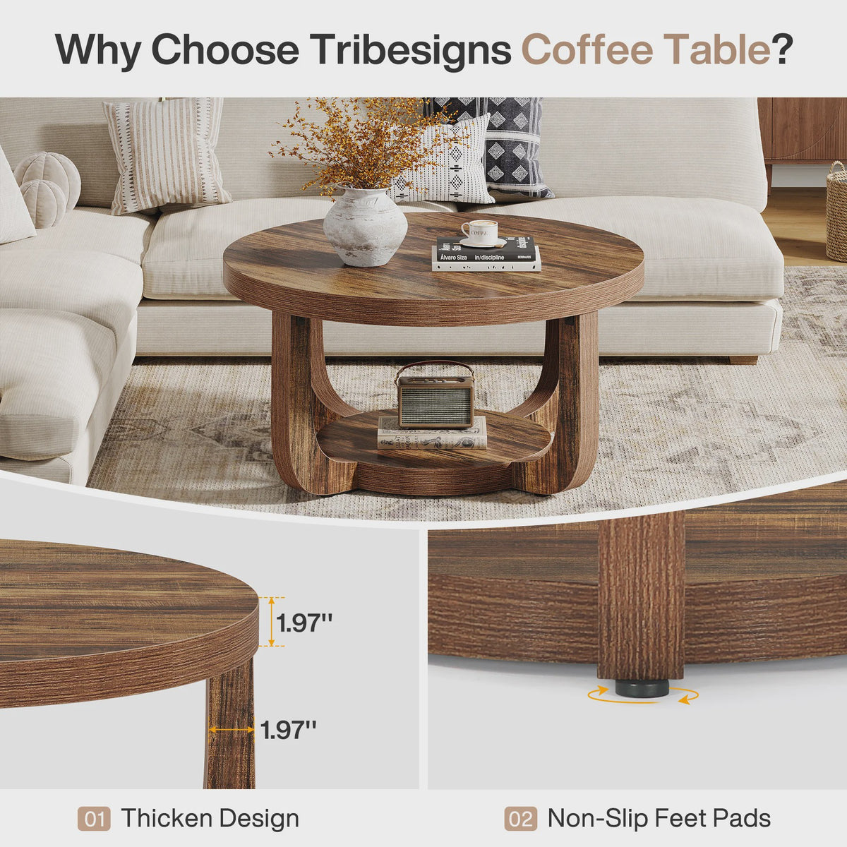 Ronde Salontafel met 2 Niveaus en Opslag - Modern Houten Accent Tafel