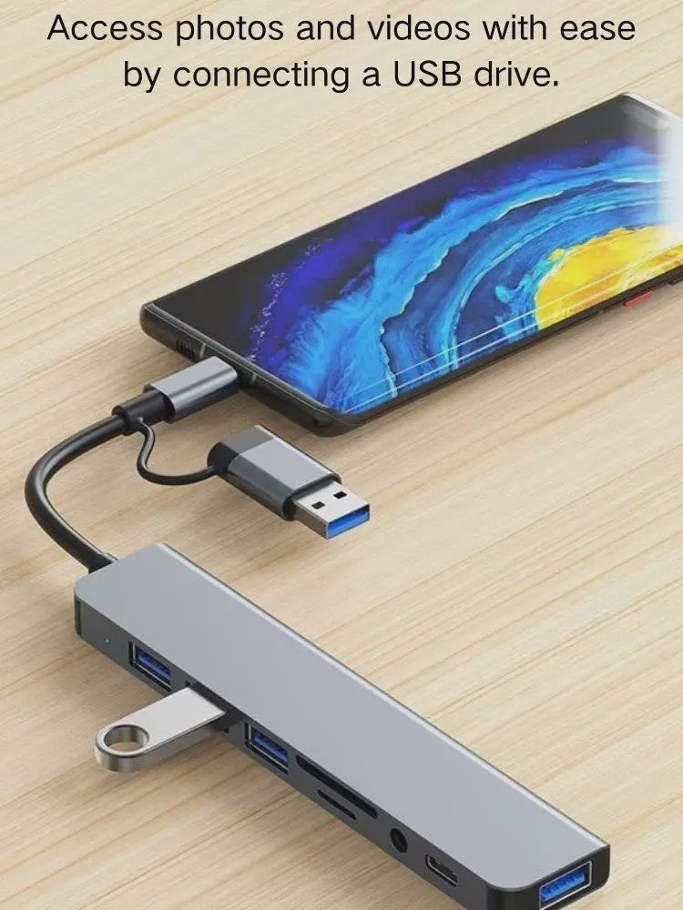 8-in-2 USB-C Hub: Expander met USB 3.0, Type-C, SD/TF & Audio voor Telefoon/Tablet