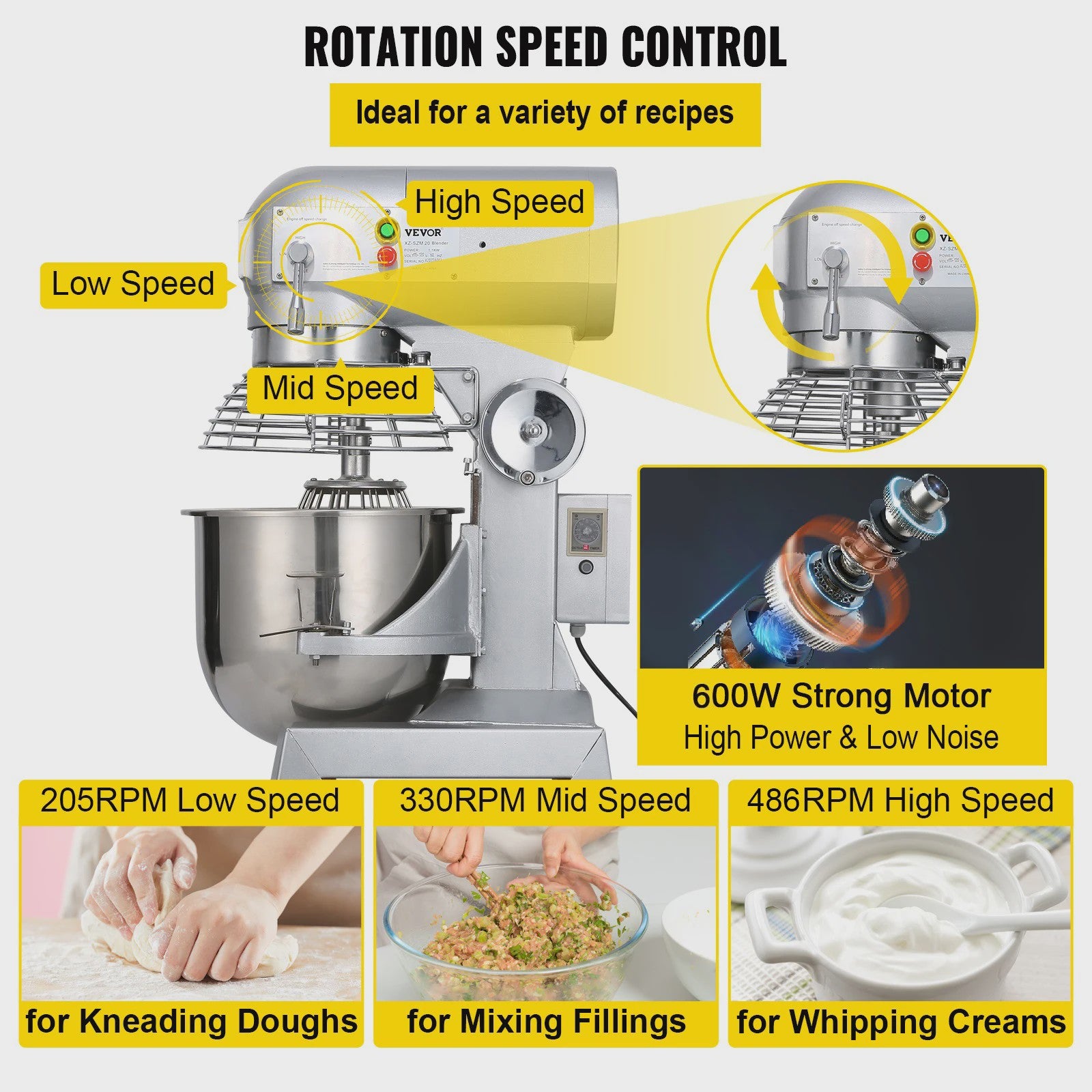 SucceBuy 15QT Industriële Keukenmixer - 3 Snelheden, RVS Kom & Accessoires