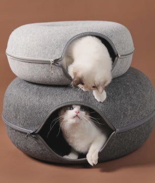 Felt Donut Kattenmand - 2-in-1 Huisje, Tunnel & Speelplek voor Katten en Kleine Honden