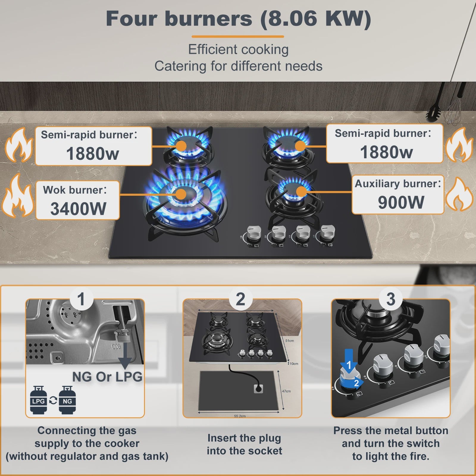 Inbouw Gasfornuis 60cm met 4 Branders | Gehard Glas | Automatische Ontsteking & Veiligheid