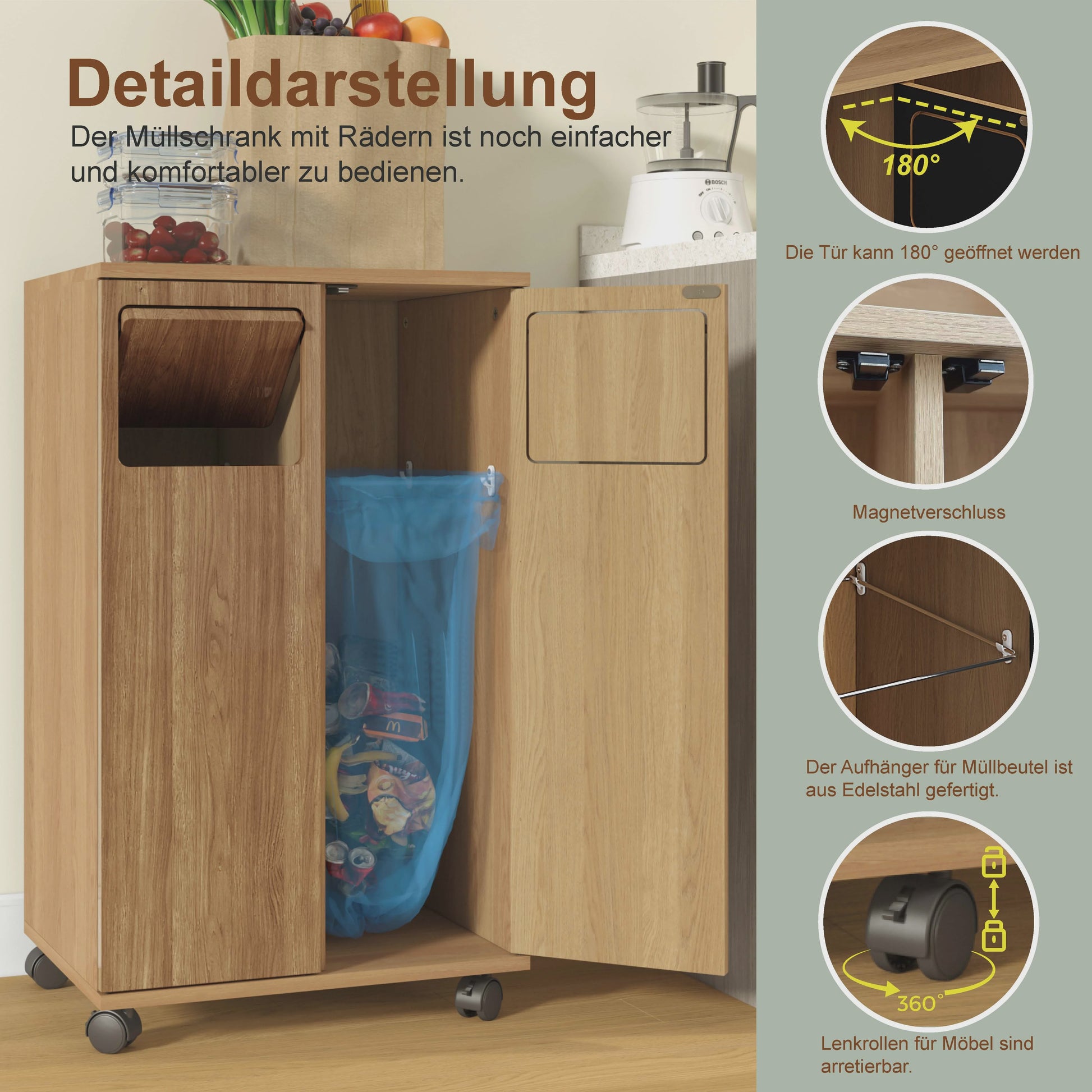Keuken Afvalscheidingskast met Wielen - Verborgen Opslag & Dubbele Deuren