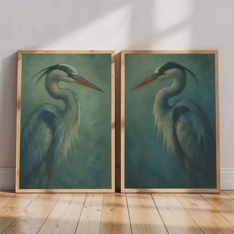 Japandi Poster Set: Roze Japanse Kraanvogels & Blauwe Reigers op Canvas