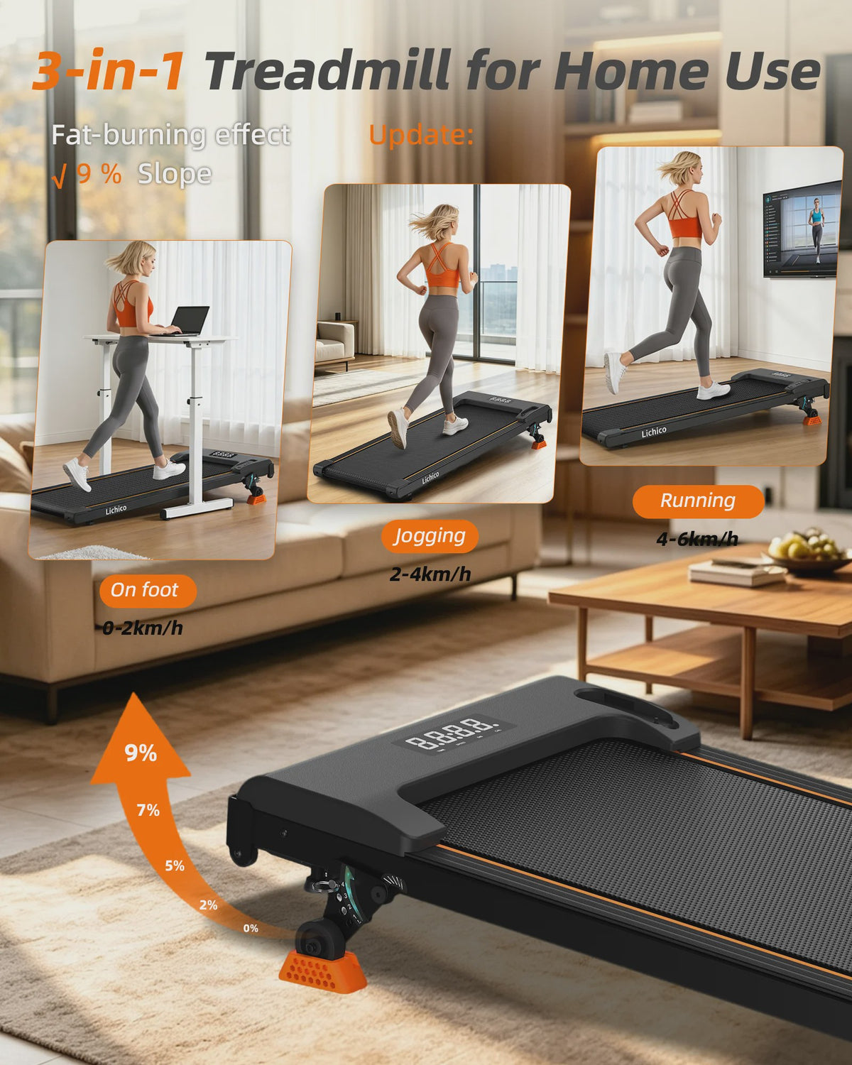 Lichico Walking Pad: Stille Loopband met Verstelbare Helling & Bluetooth voor Thuisgebruik