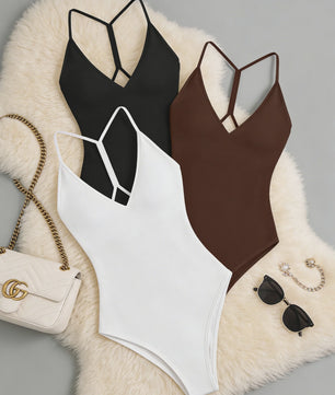 3-Pack Dames Bodysuit met V-hals en Gekruiste Bandjes op de Rug
