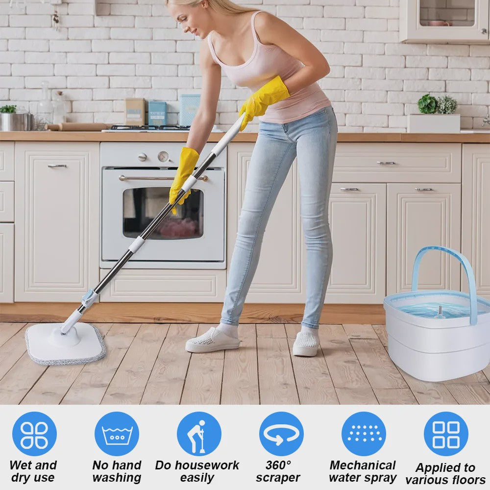 360° Dweil Set met Wring Systeem en Microvezel Pads - Verstelbare Steel