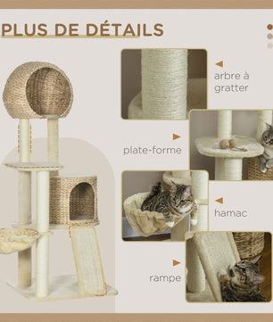 PawHut Kattenboom met Krabpaal, 2 Niche Huizen, Platform, Hangmat & Waterhyacint Mand - 60x60x150 cm Beige