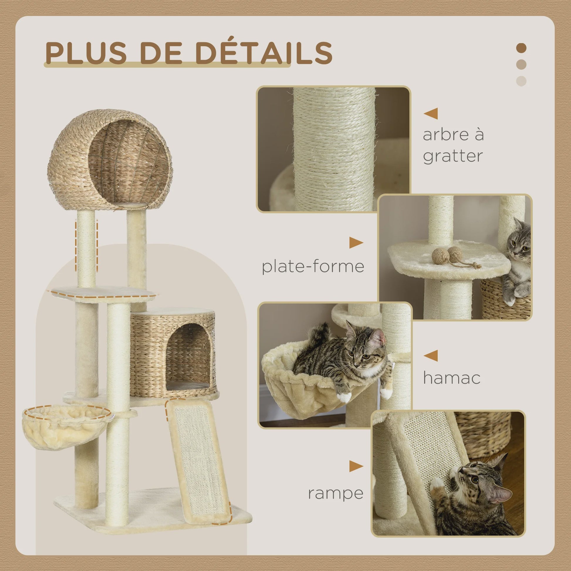 PawHut Kattenboom met Krabpaal, 2 Niche Huizen, Platform, Hangmat & Waterhyacint Mand - 60x60x150 cm Beige