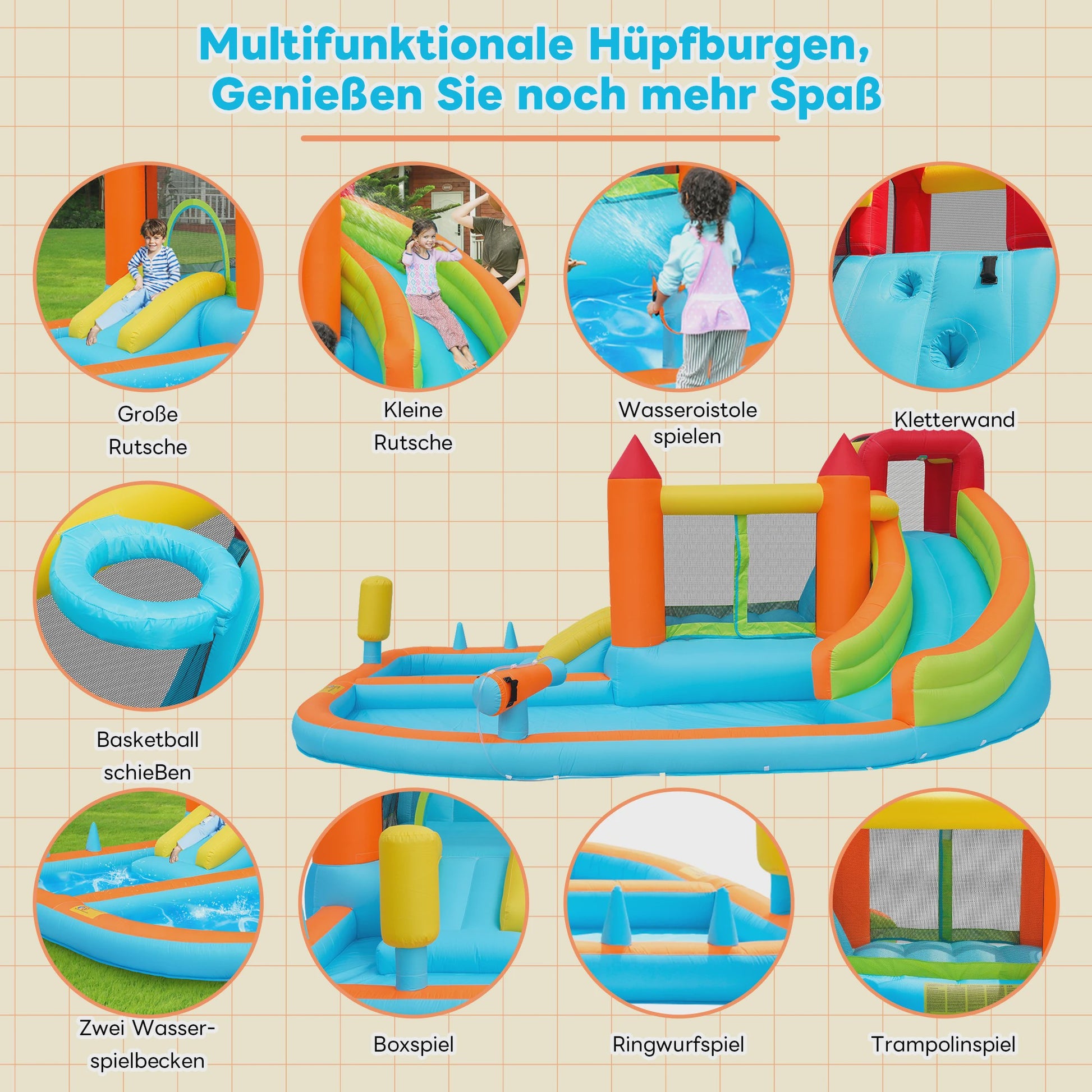Opblaasbaar Kasteel met Waterbaan, Glijbaan, Trampoline & Waterkanon