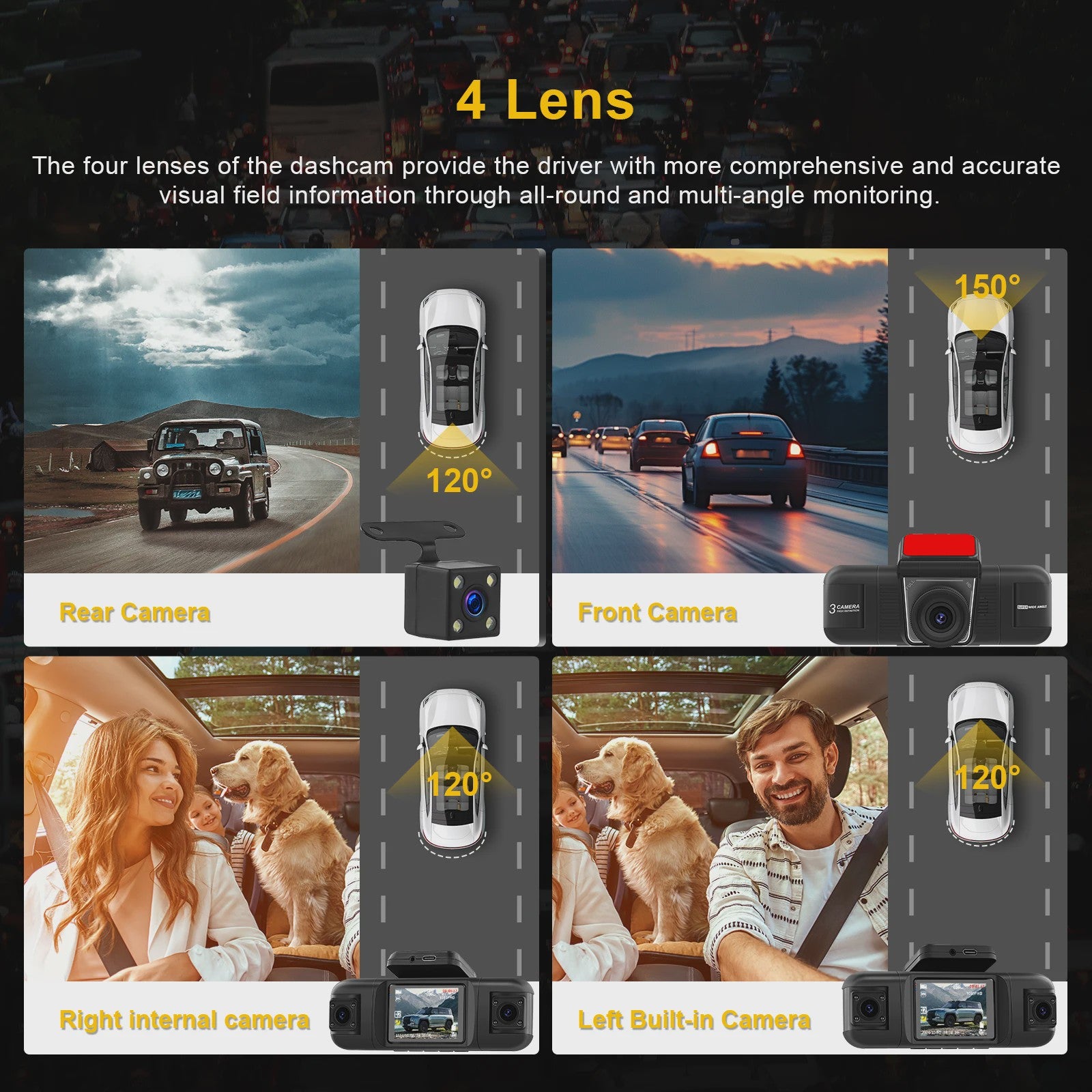 Universele 4-Kanaals Dashcam met 1080P HD, Nachtzicht en Parkeerhulp
