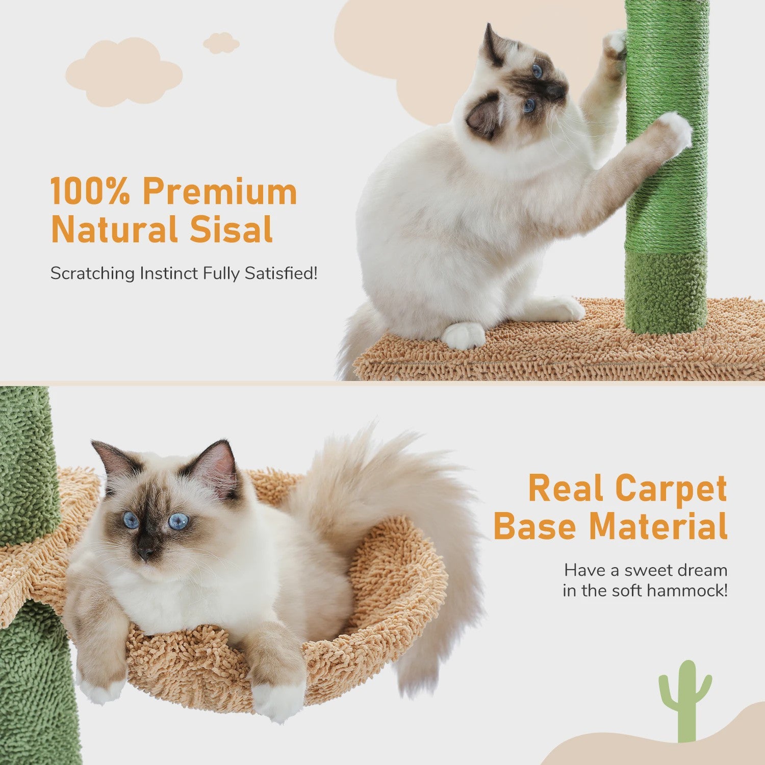 Cactus Kattenboom 5-Tier Vloer tot Plafond Klimpaal met Hangmat & Krabpaal