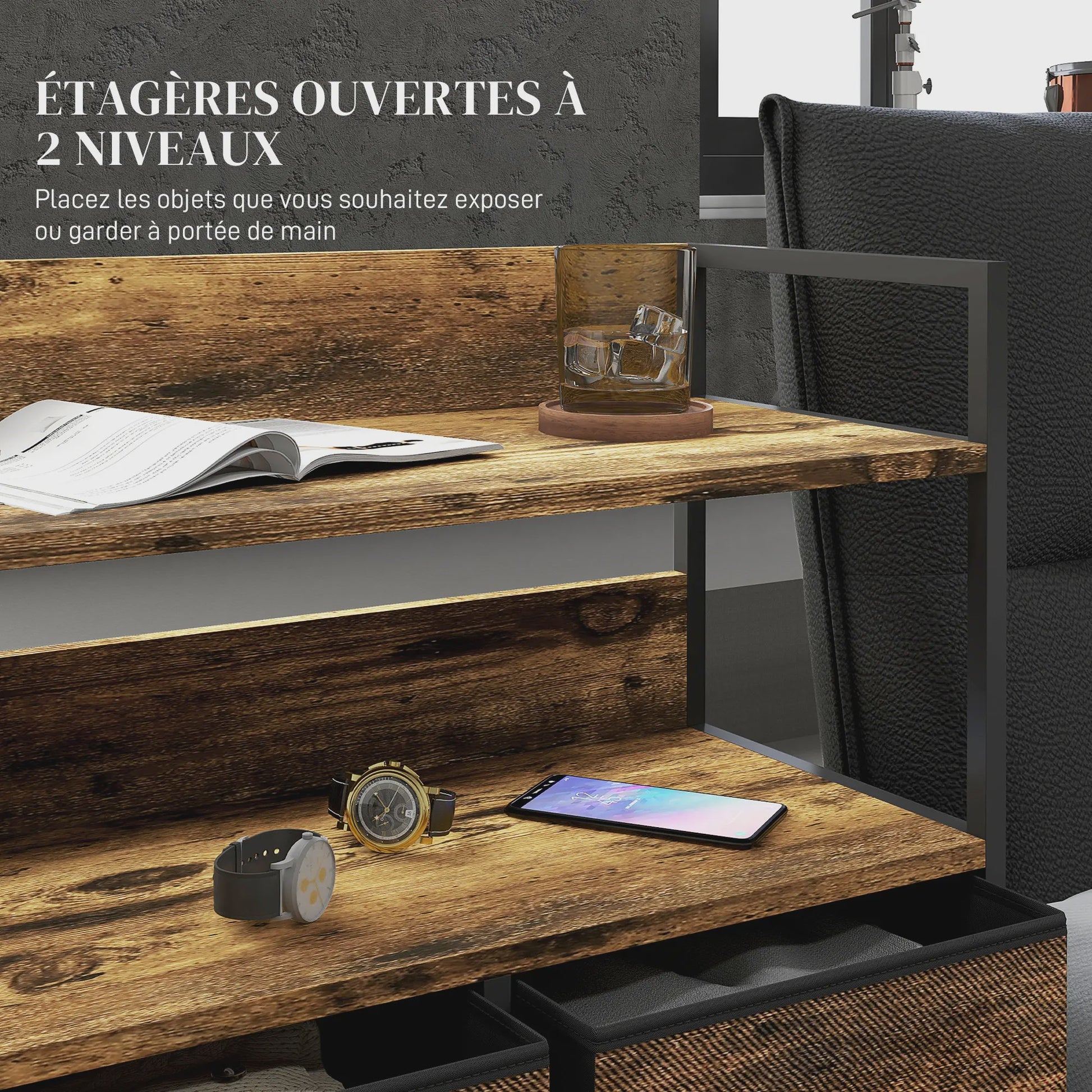 Stijlvolle Opbergkast met 5 Stoffen Lades en Open Planken - Industrieel Design