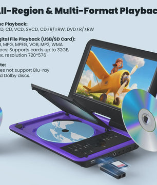 IeGeek Draagbare DVD Speler 11.5 inch met 9.5 inch HD Scherm - Paars, 5 Uur Batterij, USB/SD, TV Sync - Ideaal voor Kinderen en Reizen
