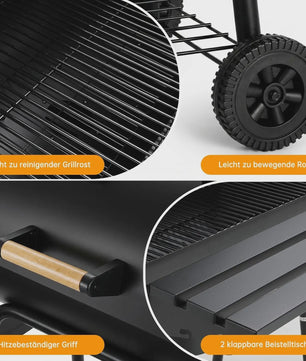Charcoal BBQ Grillwagen met Deksel, Thermometer en Zijtafel - Perfect voor Tuinfeesten