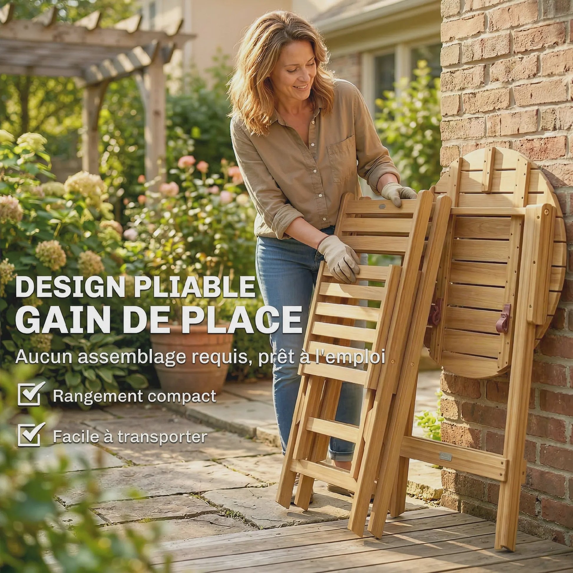Outsunny 3-delige Inklapbare Bisterset van Acaciahout met Ronde Tafel en 2 Stoelen