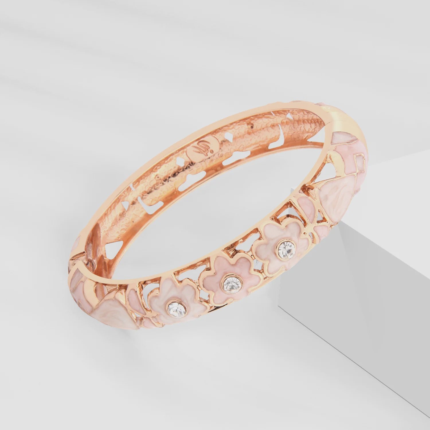 Chique Roze Emaille Armbanden Set - Bloemen & Kristallen