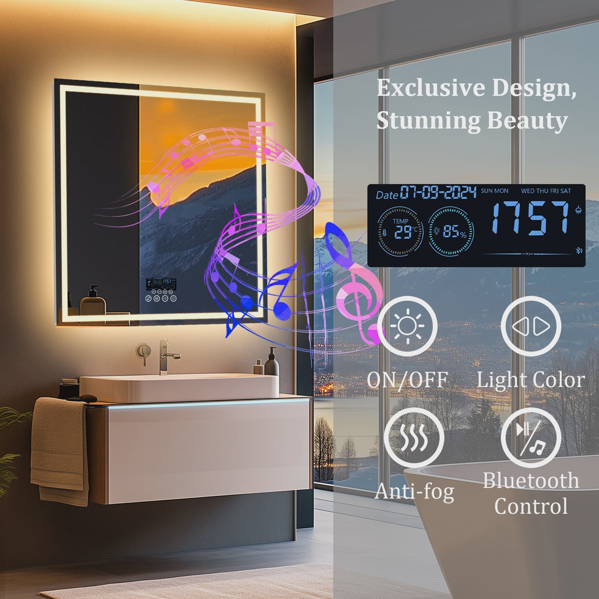 80cm LED Spiegel met Bluetooth, Tijd, Temperatuur & 3 Kleuren Verlichting - Anti-Condens