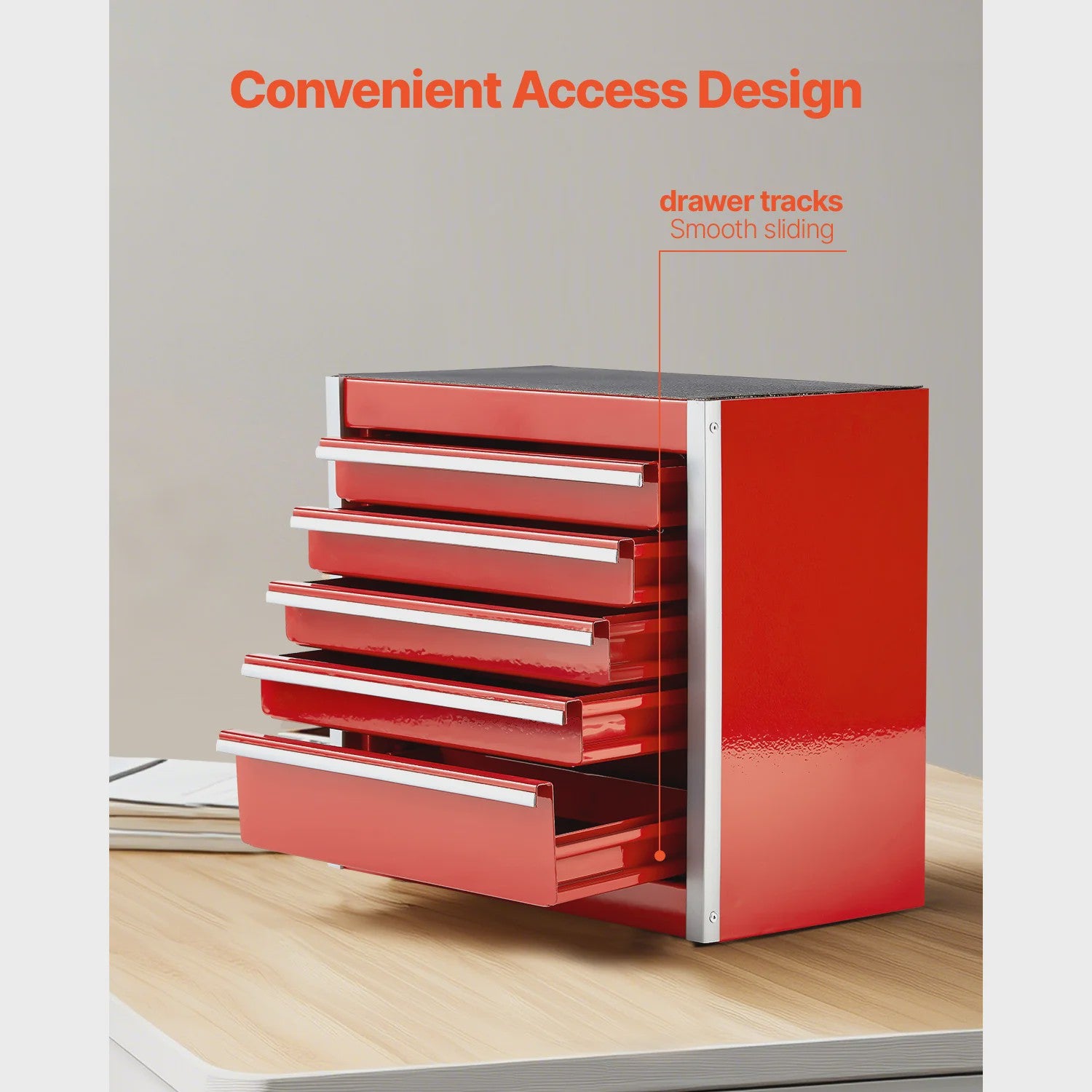 Compacte Metalen Gereedschapskist met 5 Lades - Rood/Zwart - Draagbaar & Organisatie