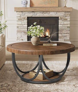 Ronde Salontafel met 2 Niveaus - 80 cm Houten Cocktailtafel met Metalen Frame